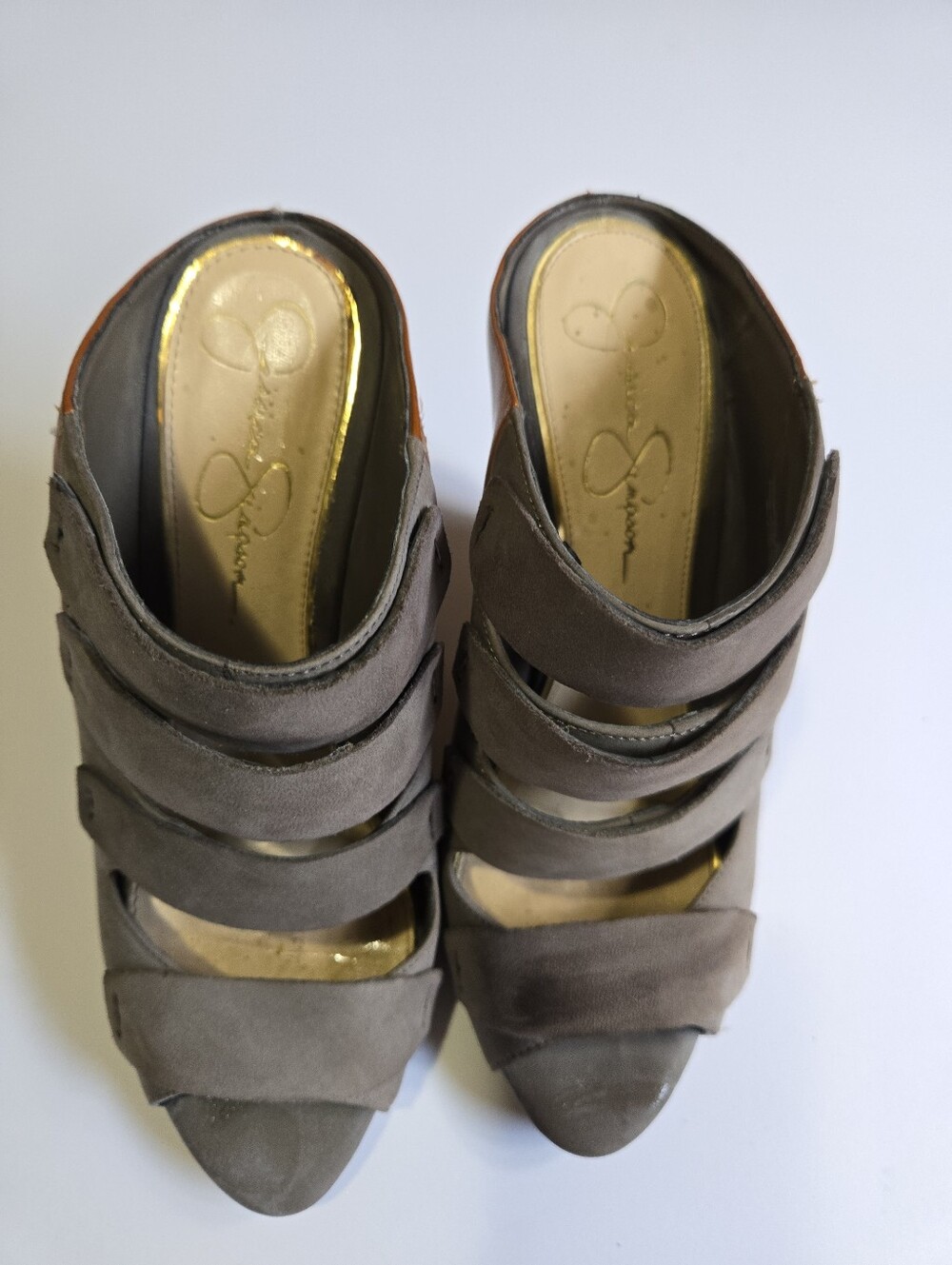Jessica Simpson Taupe Strappy Open-Toe Heels with Brown Insole